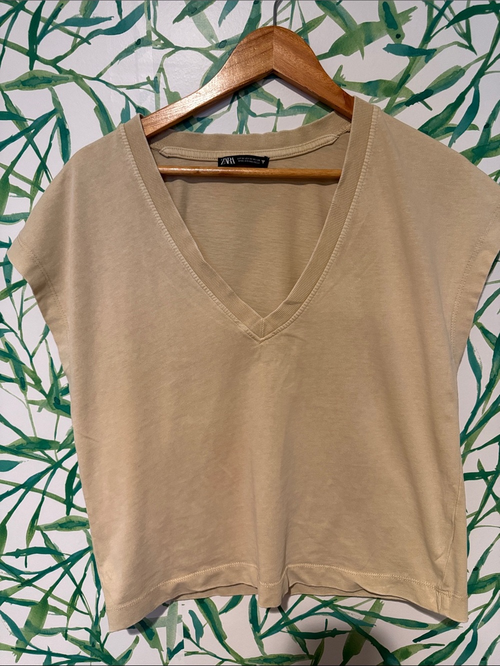 Zara Neutral Beige V-Neck Cap-Sleeve Tank
